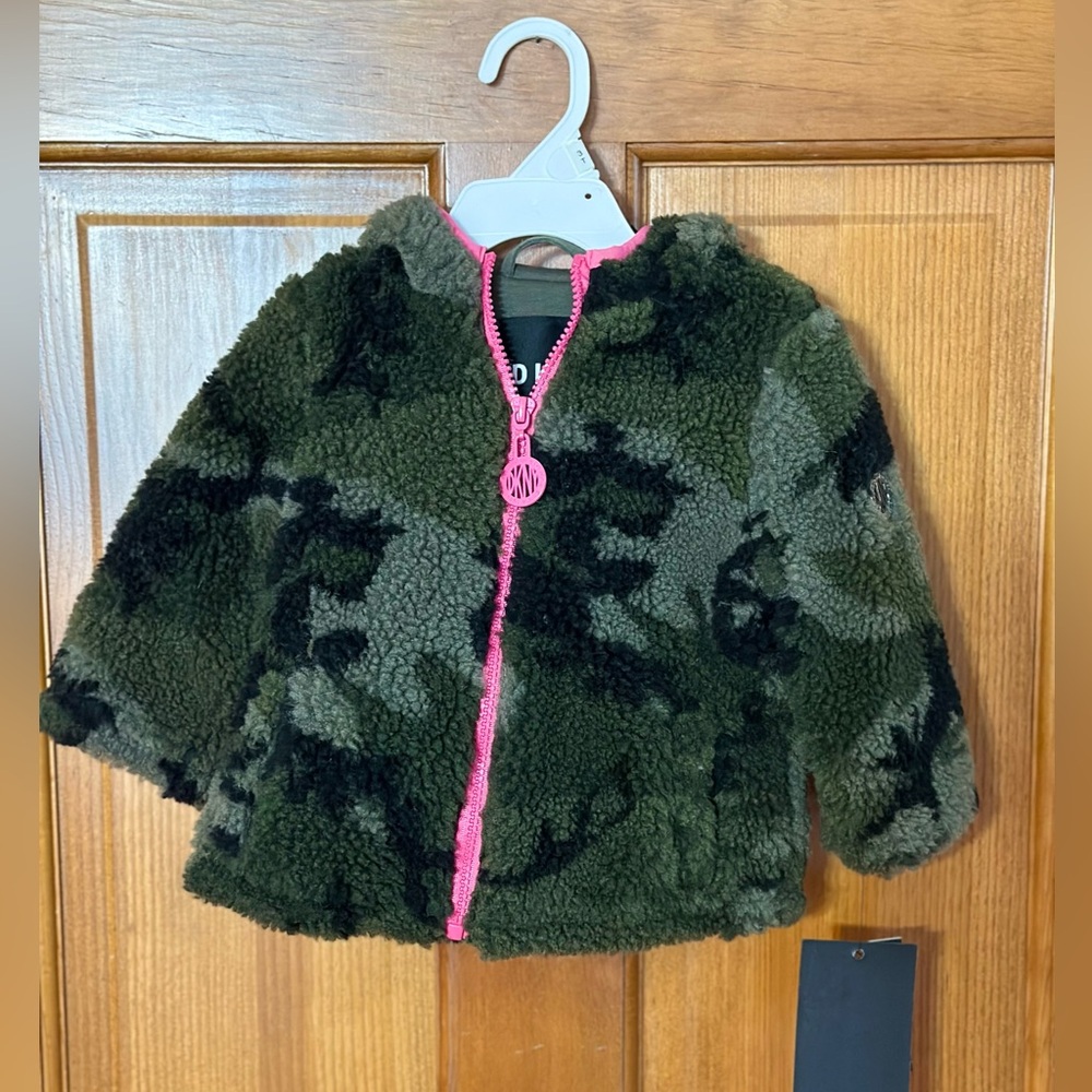 DKNY 12months Olive Camo zip up with hood. New with tags